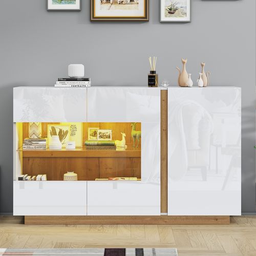 Commode Haute Brillance En Panneau De Particules Blanc Avec Verre, Socle En Bois, 138*38*90,5cm