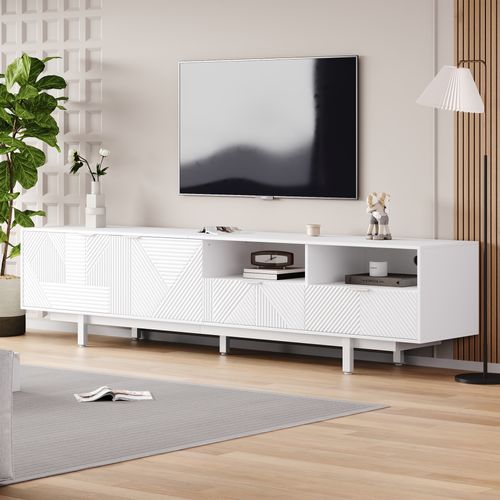 Meuble TV Mdf 200x40x51cm Style Bohème Lignes Blanches, Blanc