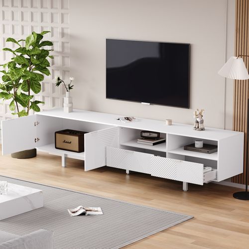 Meuble TV Mdf 200x40x51cm Style Bohème Lignes Blanches, Blanc