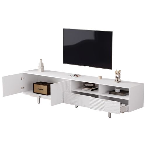 Meuble TV Mdf 200x40x51cm Style Bohème Lignes Blanches, Blanc
