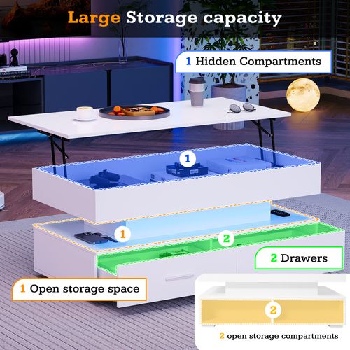 Table Basse Hydraulique En Bois Avec Éclairage LED, Contrôle Par Appli Bluetooth, 2 Tiroirs, Blanc