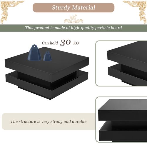 Table Basse Carrée Noire 70×70×36 cm, Style Techno, LED Multicolores, 45 kg Max