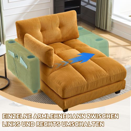 Fauteuil Palmier + Tissu Doux + Coussins Rayés, Accoudoirs Rembourrés, Poches Latérales, Moutarde