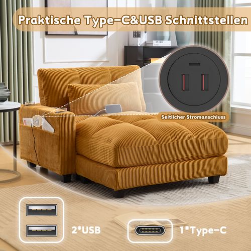 Fauteuil Palmier + Tissu Doux + Coussins Rayés, Accoudoirs Rembourrés, Poches Latérales, Moutarde