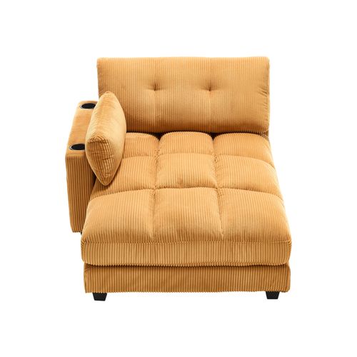 Fauteuil Palmier + Tissu Doux + Coussins Rayés, Accoudoirs Rembourrés, Poches Latérales, Moutarde