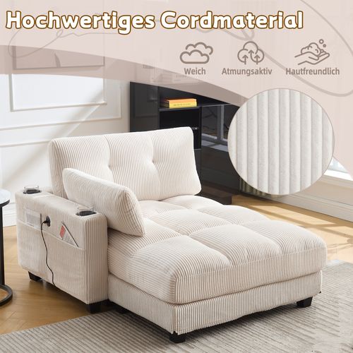 Fauteuil En Peluche Avec Coussins à Rayures, Accoudoirs Rembourrés, Tête Rabattable, Beige