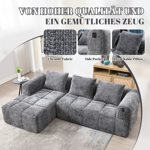 Canapé D'angle Moderne En Chenille, 3 Places, Avec Repose-pieds Et Accoudoirs, Gris
