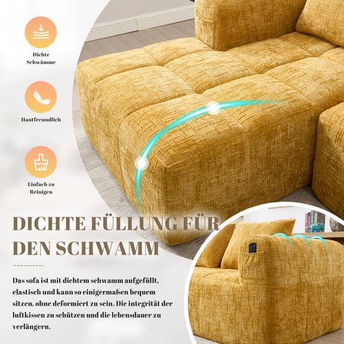 Canapé Moderne, Chenille, L-sofa, 3 Places, Sans Installation, Avec Coussins, Jaune