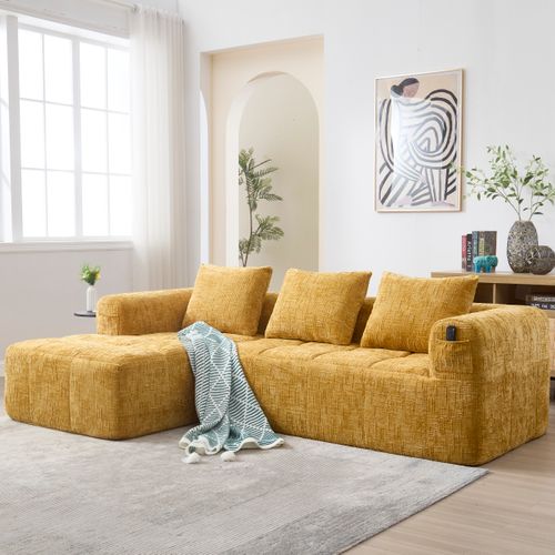 Canapé Moderne, Chenille, L-sofa, 3 Places, Sans Installation, Avec Coussins, Jaune