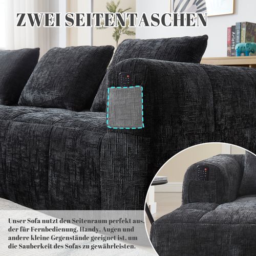 Canapé Sectionnel Moderne, Canapé En Chenille Avec Chaiselongue, 3 Coussins, Noir