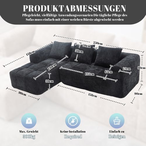 Canapé Sectionnel Moderne, Canapé En Chenille Avec Chaiselongue, 3 Coussins, Noir