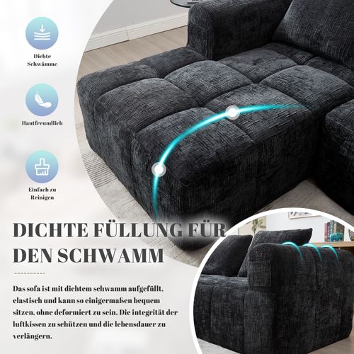Canapé Sectionnel Moderne, Canapé En Chenille Avec Chaiselongue, 3 Coussins, Noir