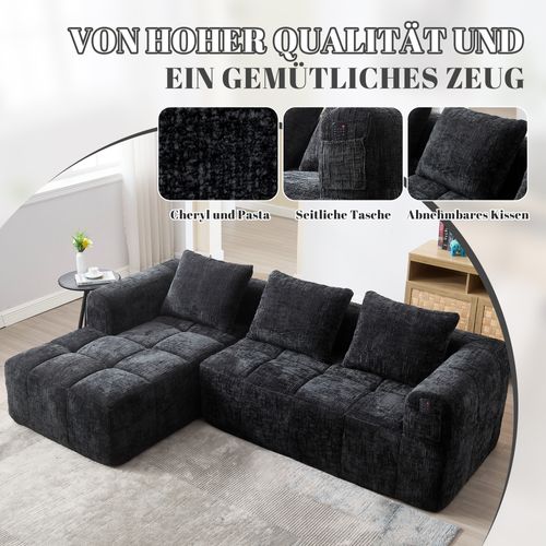 Canapé Sectionnel Moderne, Canapé En Chenille Avec Chaiselongue, 3 Coussins, Noir