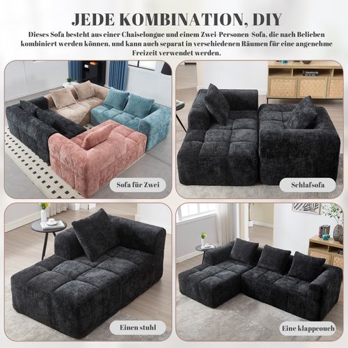 Canapé Sectionnel Moderne, Canapé En Chenille Avec Chaiselongue, 3 Coussins, Noir
