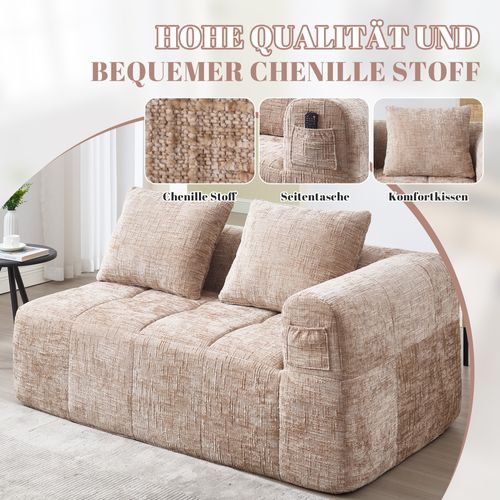 Canapé Confortable En Tissu, Sans Assemblage, Avec Coussin Et Poches Latérales, Khaki