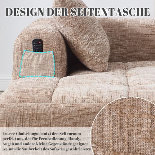 Canapé Chaiselongue En Tissu Doux Avec Coussins Et Poches Latérales, Couleur Kaki