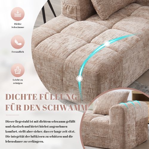 Canapé Chaiselongue En Tissu Doux Avec Coussins Et Poches Latérales, Couleur Kaki