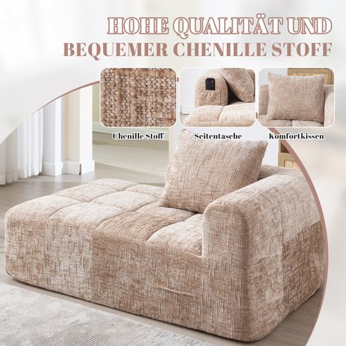 Canapé Chaiselongue En Tissu Doux Avec Coussins Et Poches Latérales, Couleur Kaki