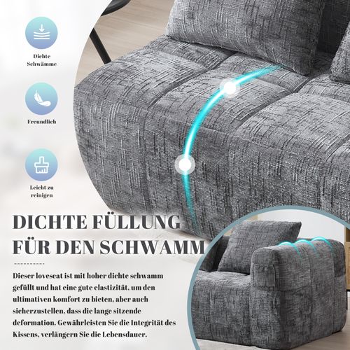 Canapé Confortable Pour 2 Personnes En Tissu Moelleux, Avec Coussin Et Poches Latérales, Gris