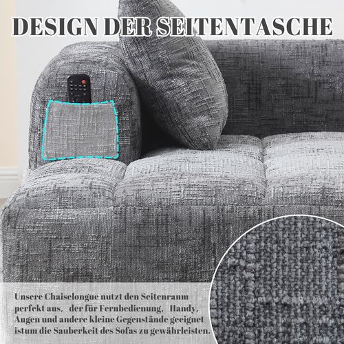 Canapé Chaiselongue Confortable, Tissu Doux, Avec Coussins Et Poches Latérales, Gris