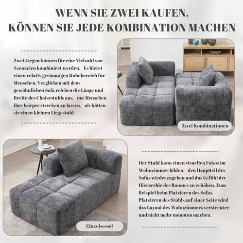 Canapé Chaiselongue Confortable, Tissu Doux, Avec Coussins Et Poches Latérales, Gris