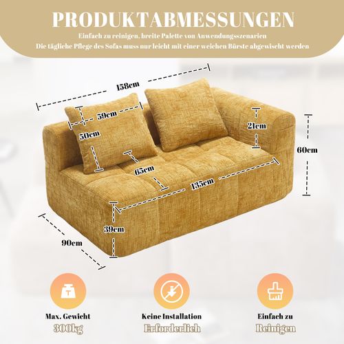 Canapé Douillet Pour 2 Personnes En Tissu Avec Coussin, Poches Latérales, Jaune