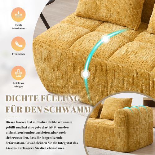 Canapé Douillet Pour 2 Personnes En Tissu Avec Coussin, Poches Latérales, Jaune
