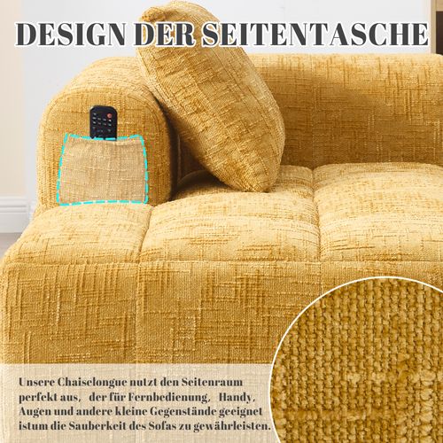 Canapé Chaiselongue Confortable, Sans Assemblage, Doux Avec Coussins, Poches Latérales, Jaune