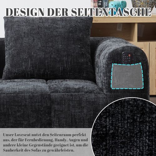 Canapé En Tissu Doux Pour 2 Personnes Avec Coussin, Poches Latérales, Noir