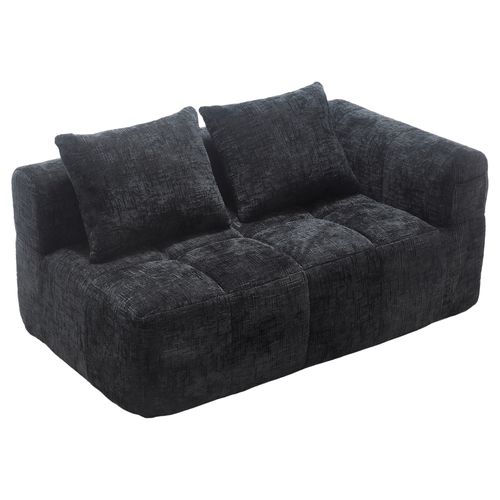 Canapé En Tissu Doux Pour 2 Personnes Avec Coussin, Poches Latérales, Noir