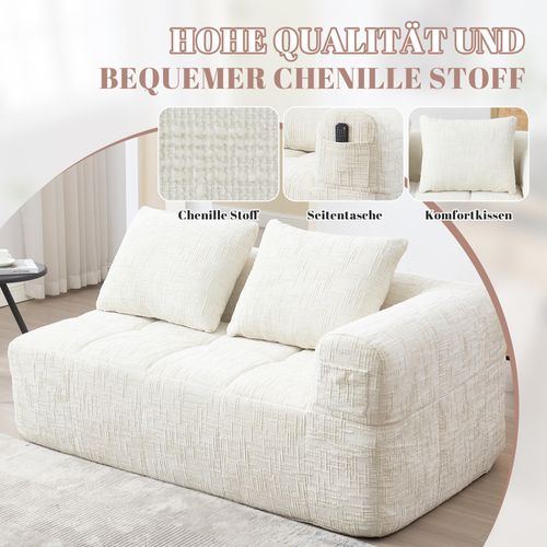 Canapé Confortable En Tissu, Avec Coussin Et Poches Latérales, Beige