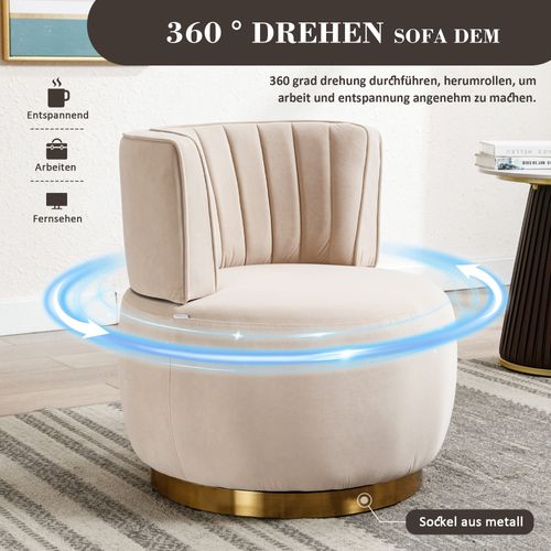 Fauteuil Pivotant Moderne En Velours Doux Avec Dossier Confortable, Beige