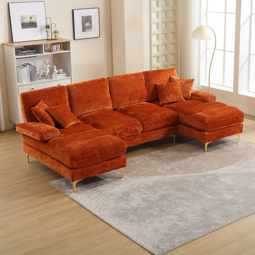 Canapé Sectionnel En Chenille U-shape Avec Doubles Places Assises, Orange