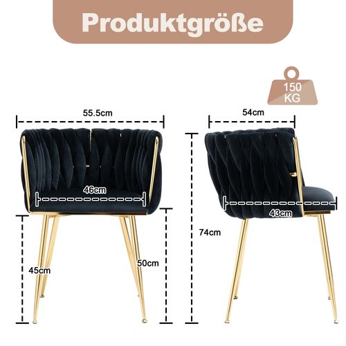 Chaises Salle à Manger Velours Et Métal 2 Pièces Tressage Élégant, Coussin Doux, Non Spécifié