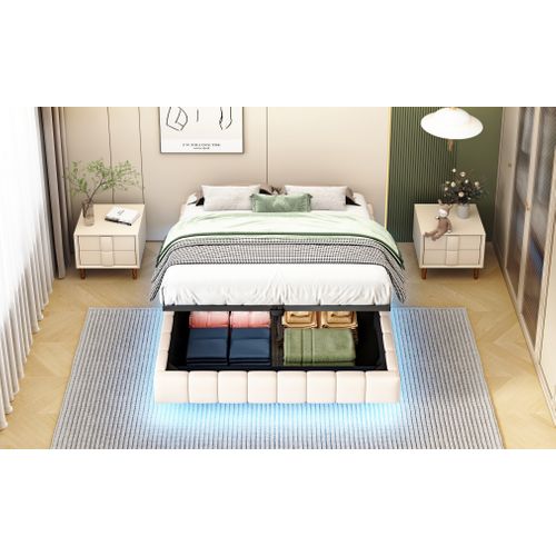 Lit Polyvalent 140x200 Cm En Lin Beige Avec Cadre Suspendu Hydraulique Et LED