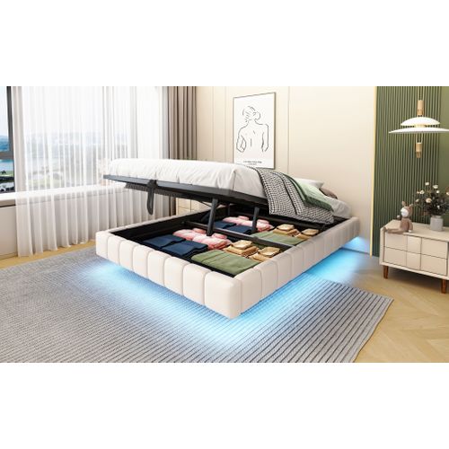 Lit Polyvalent 140x200 Cm En Lin Beige Avec Cadre Suspendu Hydraulique Et LED