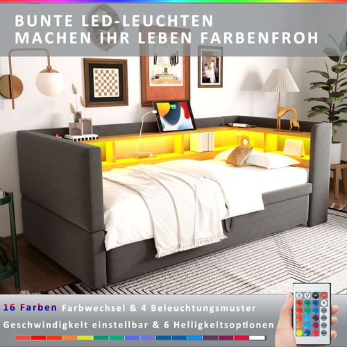 Lit Tapissé Extensible 90/180x190 Cm Avec LED Prises Rangements Lit Multifonction Gris Foncé