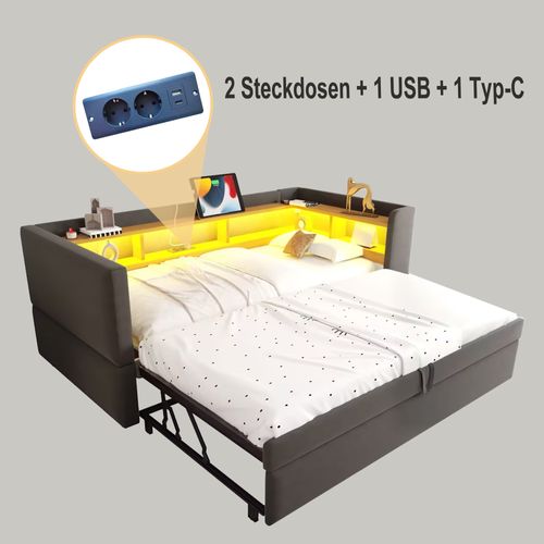 Lit Tapissé Extensible 90/180x190 Cm Avec LED Prises Rangements Lit Multifonction Gris Foncé