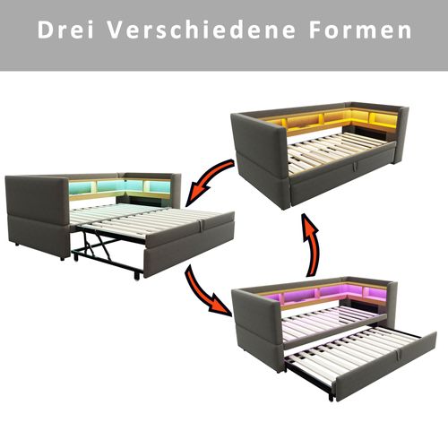 Lit Tapissé Extensible 90/180x190 Cm Avec LED Prises Rangements Lit Multifonction Gris Foncé