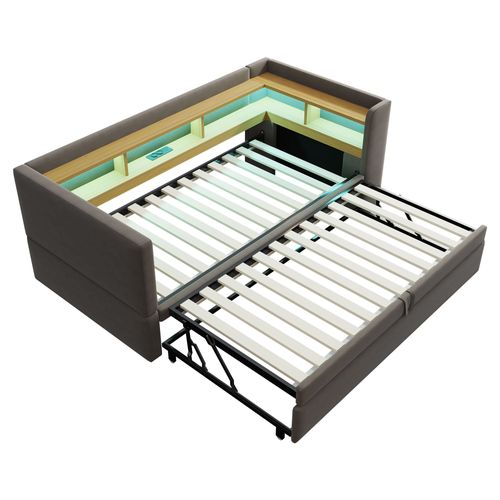 Lit Tapissé Extensible 90/180x190 Cm Avec LED Prises Rangements Lit Multifonction Gris Foncé