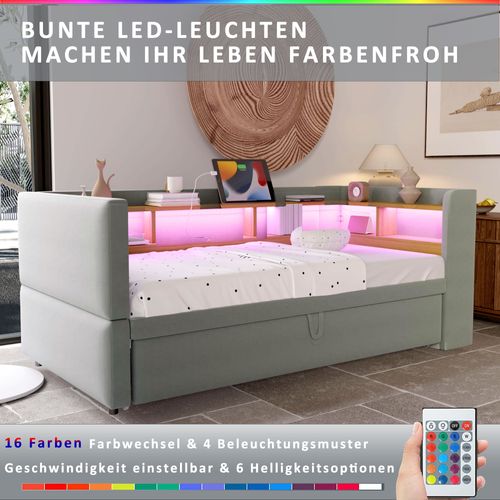 Lit Tapissé Extensible 90/180x190 Cm Avec LED Prises Rangements Lit Multifonction Gris Clair