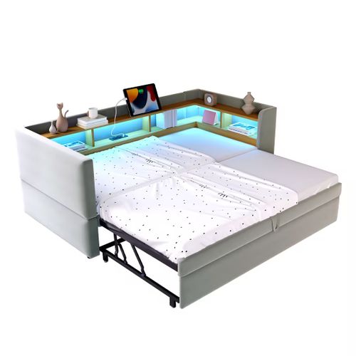 Lit Tapissé Extensible 90/180x190 Cm Avec LED Prises Rangements Lit Multifonction Gris Clair