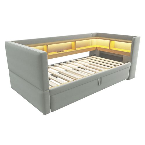 Lit Tapissé Extensible 90/180x190 Cm Avec LED Prises Rangements Lit Multifonction Gris Clair