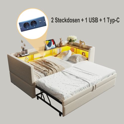 Lit Tapissé Extensible 90/180x190 Cm Avec LED Prises Rangements Lit Multifonction Beige