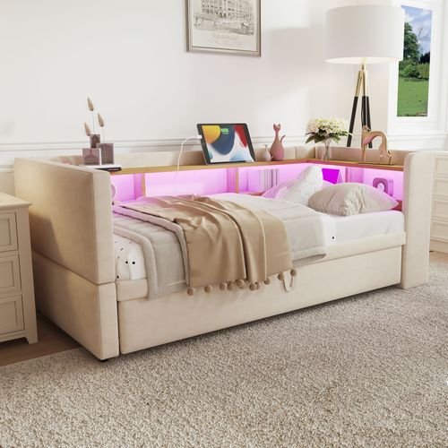Lit Tapissé Extensible 90/180x190 Cm Avec LED Prises Rangements Lit Multifonction Beige