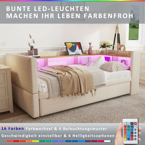Lit Tapissé Extensible 90/180x190 Cm Avec LED Prises Rangements Lit Multifonction Beige