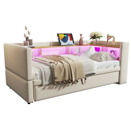 Lit Tapissé Extensible 90/180x190 Cm Avec LED Prises Rangements Lit Multifonction Beige