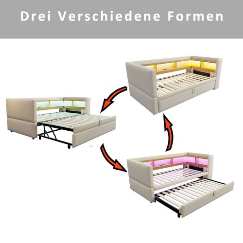 Lit Tapissé Extensible 90/180x190 Cm Avec LED Prises Rangements Lit Multifonction Beige