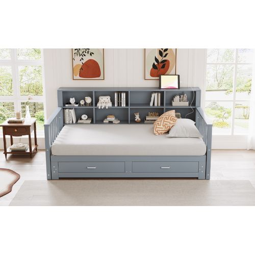 Lit Extensible Bois Massif 90/180x190 Cm Avec Tiroirs Sommier Prises Latérales Gris