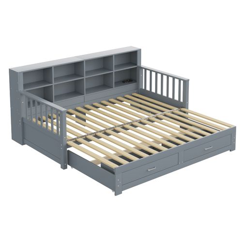 Lit Extensible Bois Massif 90/180x190 Cm Avec Tiroirs Sommier Prises Latérales Gris